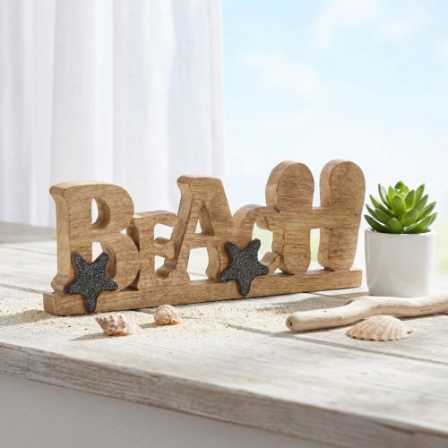 Aufsteller „Beach“ aus Holz mit Strasssternen, Natur/Dunkelblau, 35 × 12 cm | Floristik24.at
