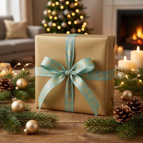 Geschenkband Polyester Weihnachtsmotiv Sterne Türkis-Gold 25mm x 18m | Floristik24.at