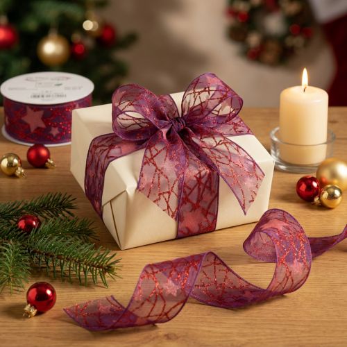 Artikel Organzaband mit Sternenmuster lila-rot 40mm x 15m für Weihnachtsdeko