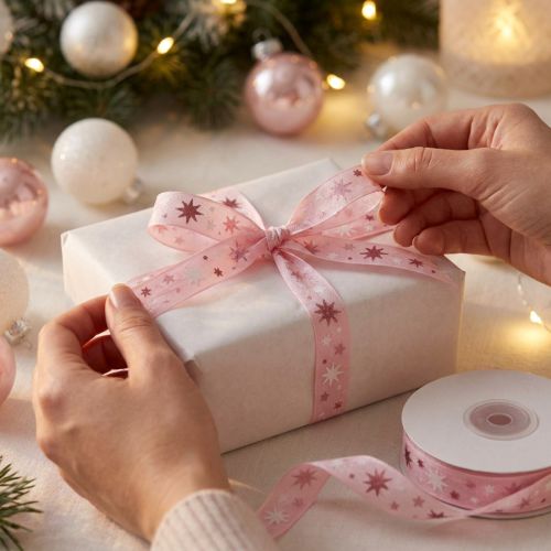 Schleifenband Polyester Rosa mit Sternmuster 15mm x 20m | Floristik24.at
