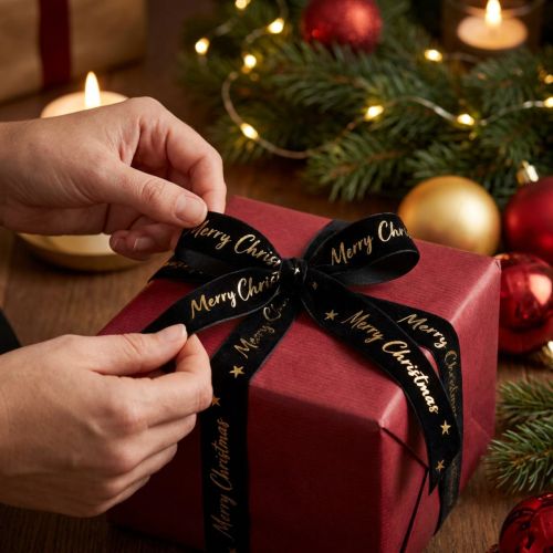 Schwarzes Samtband mit Goldprint „Merry Christmas“, 25mm x 20m, 100% Polyester | Floristik24.at