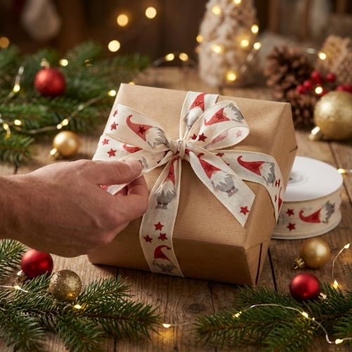 Geschenkband Weihnachtsband Wichtel Creme 25mm x 20m Baumwolle Polyamid | Floristik24.at