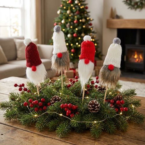 Weihnachtswichtel zum Stecken mit Strickmütze in Rot, Weiß und Grau, 11–13 cm, 12 Stück | Floristik24.at