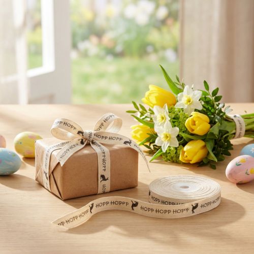Artikel Baumwollband Geschenkband mit Osterhasenmotiv 15mm x 18m Creme Braun