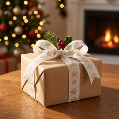 Polyester-Dekoband mit Sternenmotiv, Weiß-Gold, 25mm x 18m, für Geschenk- und Weihnachtsdekoration | Floristik24.at