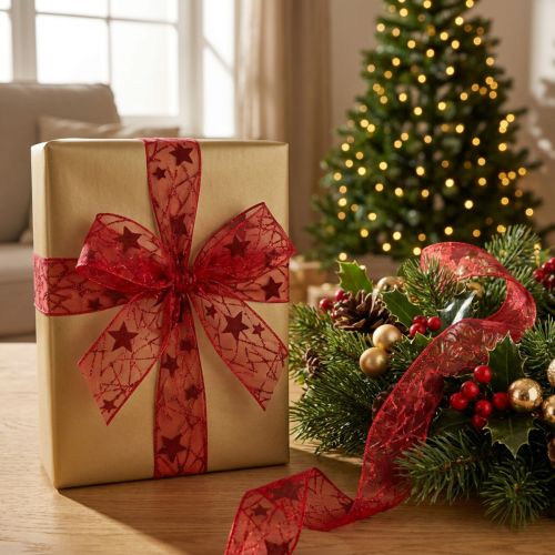 Dekoband Weihnachtsstern aus Kunstfaser Rot Dunkelrot 25mm x 18m | Floristik24.at
