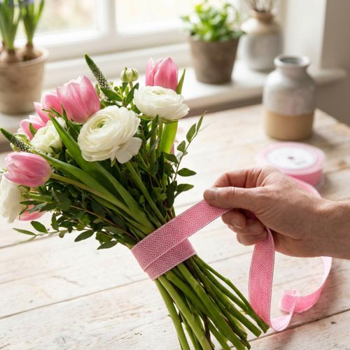 Polyester Geschenkband Fischgrätmuster Weiß Pink 25mm 15m | Floristik24.at