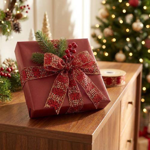 Artikel Spitzenband Stoff Dekoband 25mm x 15m Rot Gold Glitter Weihnachtsdekoration