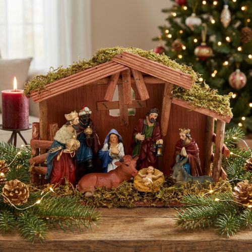 Weihnachtskrippe aus Holz und Moos mit 8 Figuren 30cm x 21cm x 10cm | Floristik24.at
