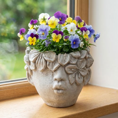 Pflanzkopf aus Kunststein in Beton-Optik, Mädchenkopf, Höhe 13,5 cm | Floristik24.at