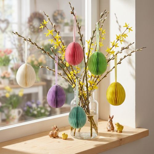 Ostereier aus Wabenpapier zum Aufhängen 8 cm bunt 6er Set | Floristik24.at