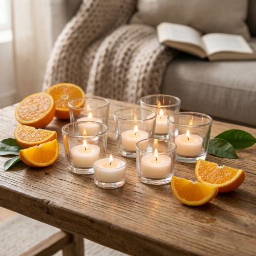 Artikel Duft-Teelichter Orange aus Wachs Ø 3,8 cm H 2,3 cm Weiß 18 Stück
