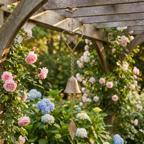 Artikel Metall Windspiel mit Herz und Glocke 72cm Antik Türkisgrün Garten