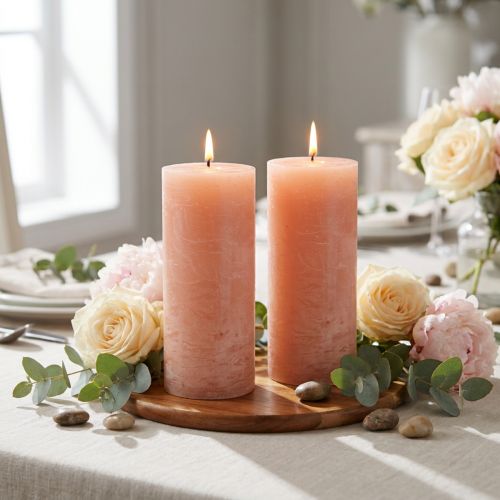Artikel 2er Set Stumpenkerzen aus Wachs 85x200mm Peach für Wohnraumdekoration