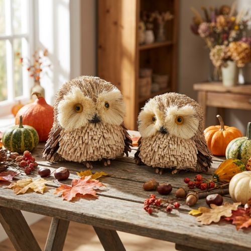 Eulen Dekofiguren aus Naturmaterialien 12,5×10×10cm Herbstdeko 2er-Set | Floristik24.at
