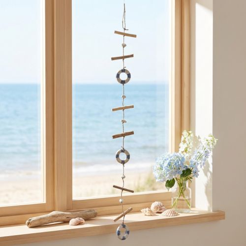 Fensterdeko maritim aus Holz mit Rettungsringen, 90cm, Blau/Natur | Floristik24.at