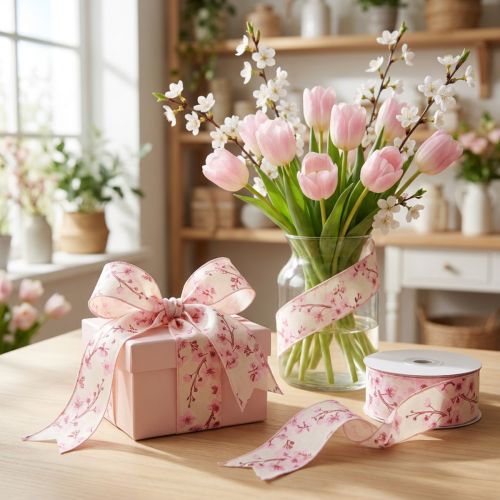 Geschenkband Stoffband Kirschblütenmotiv 40mm x 20m Rosa Creme Innenbereich | Floristik24.at