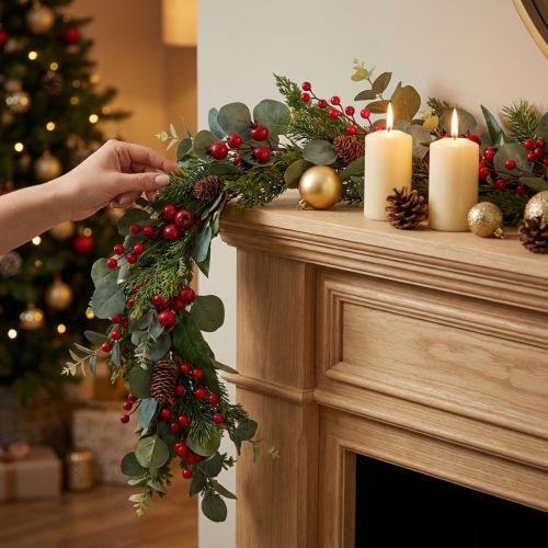 Weihnachtsgirlande aus künstlichen Tannenzweigen, Eukalyptus und Beeren, 160 cm, grün | Floristik24.at