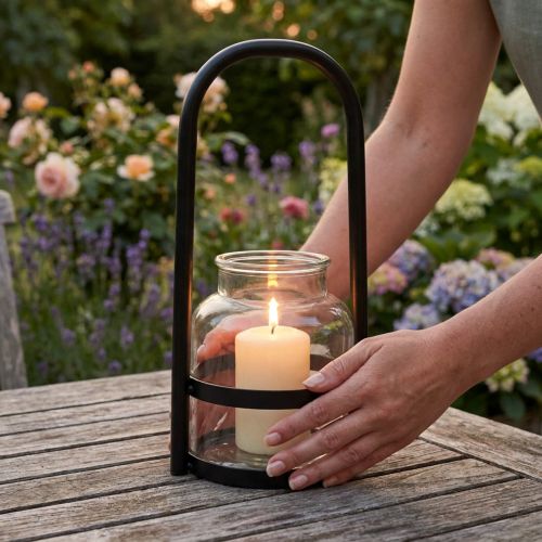 Windlicht aus Metall und Glas mit Henkel Ø14,5 cm Schwarz/Klar | Floristik24.at