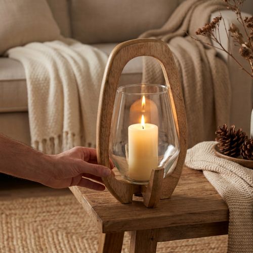 Artikel Laterne aus Mangoholz und Glas, natur, Ø14cm H26cm