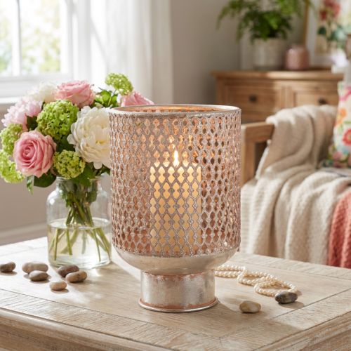 Windlicht Metall mit Glas in Silber und Rosa Ø18cm H27cm | Floristik24.at