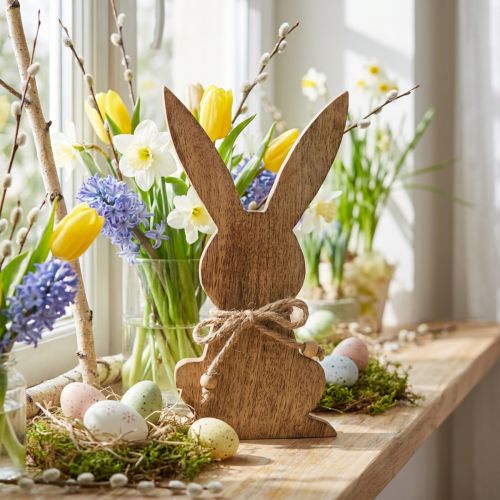 Osterhase aus Mangoholz 30 cm Naturfarben mit Jutekordel für Frühlingsdekoration | Floristik24.at