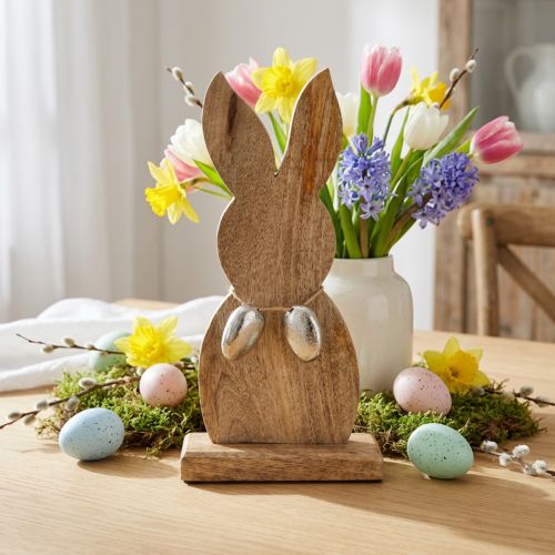 Osterhase aus Mangoholz mit silbernen Metalleiern H31cm, Tischdeko | Floristik24.at
