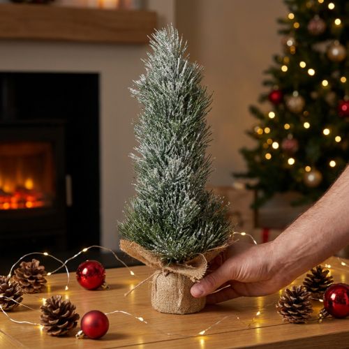 Künstlicher Mini-Weihnachtsbaum H41cm im Jutesack beschneit Grün/Weiß | Floristik24.at