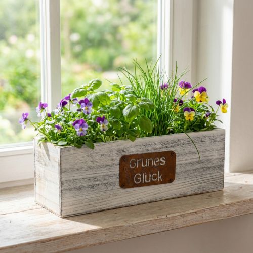 Pflanzgefäß aus Holz „Grünes Glück“ Weiß gewaschen mit Edelrost L35cm | Floristik24.at