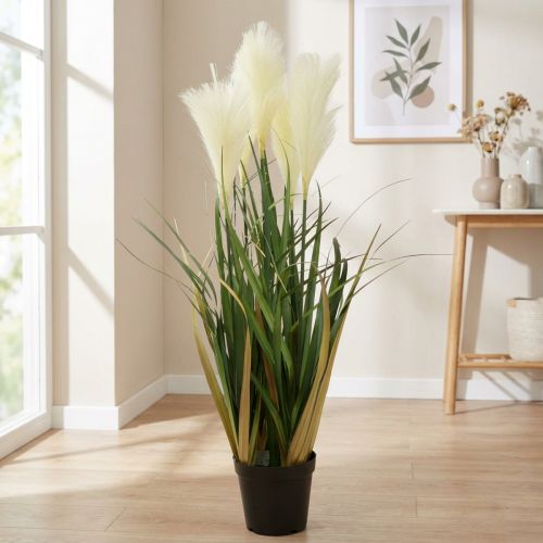 Künstliche Riedgras-Pflanze im Topf, Creme und Grün, 79 cm | Floristik24.at