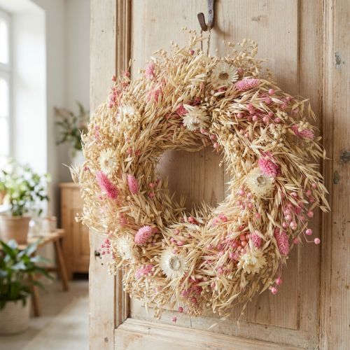 Dekokranz Hafer Naturkranz mit Strohblumen Rosa Ø29cm | Floristik24.at