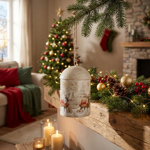 Artikel Metallglocke mit Weihnachtsmotiv zum Aufhängen 26 cm Weiß-Gold
