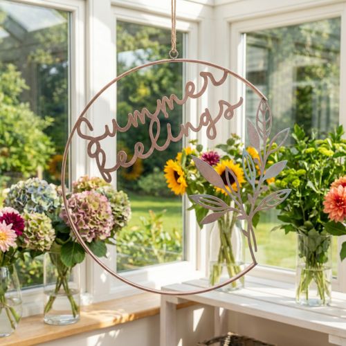 Artikel Wanddeko Metallring mit Schriftzug „Summer Feelings“, Ø 49 cm, Rosé-Metallic und Türkis