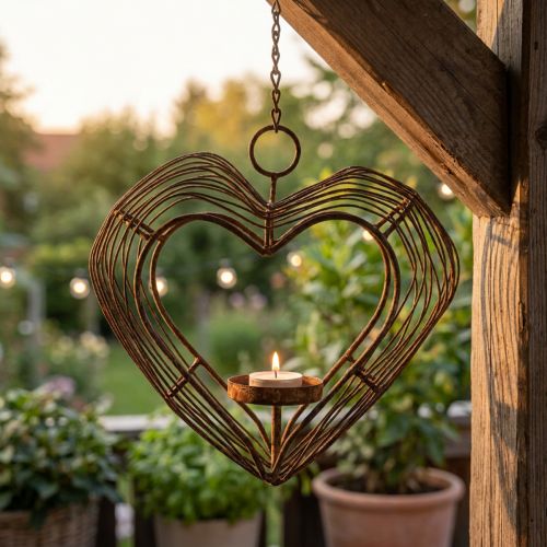 Teelichthalter aus Metall Herzform Rostoptik 22×7×20cm Hängedeko | Floristik24.at