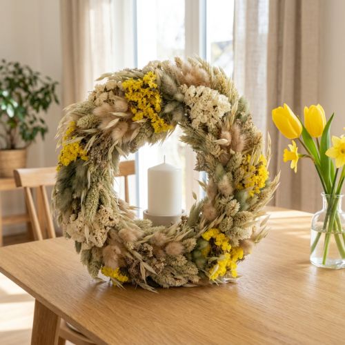 Artikel Trockenblumenkranz 25 cm natürlich Beige-Gelb für Tisch und Wand