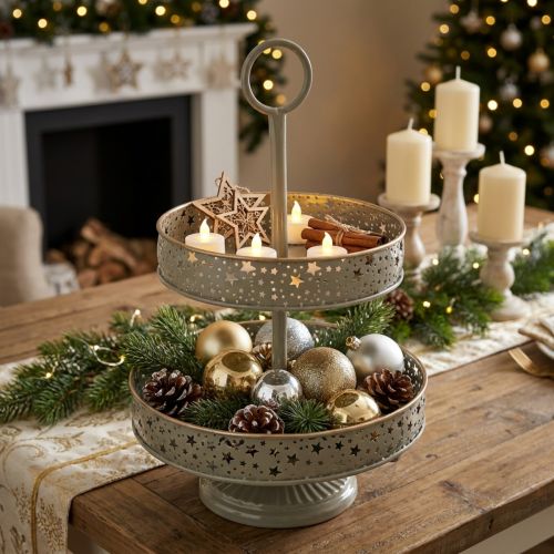 Artikel Deko-Etagere aus Metall zweistöckig mit Sternmotiv 49 cm mint-gold
