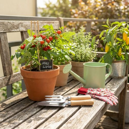 Gartenwerkzeug-Set aus Edelstahl mit Holzgriffen und Beetsteckern, Handharke 25cm, Handschaufel 28cm | Floristik24.at