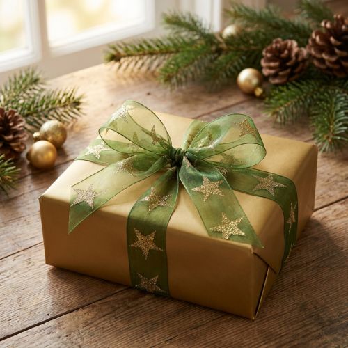 Sternenband Grün Gold aus Organza 25mm x 18m für Weihnachtsdekoration | Floristik24.at