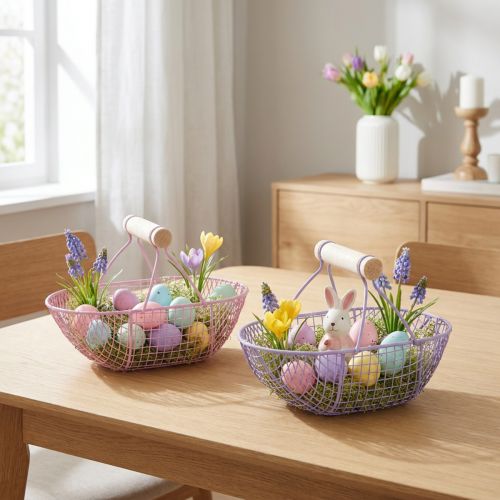 Artikel Drahtkörbe mit Holzgriff, Metall, 17 cm, Rosa/Lila, 6er-Set