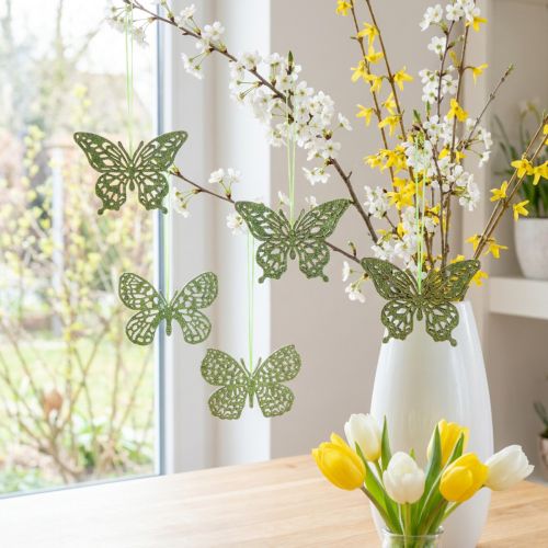 Dekohänger Holz-Schmetterlinge Grün mit Glitter 8 cm 12er Set | Floristik24.at
