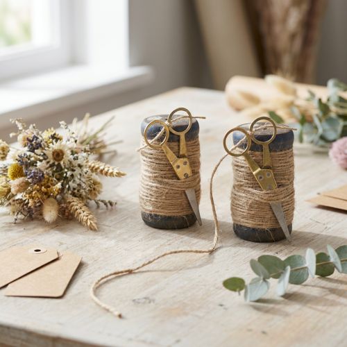 Bandspulen-Set aus Holz mit Jutegarn und Metallschere Ø5cm H8cm 2 Stück | Floristik24.at