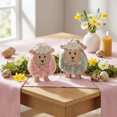 Holz Schaf Dekofigur 11cm rosa grün 6er Set Frühling