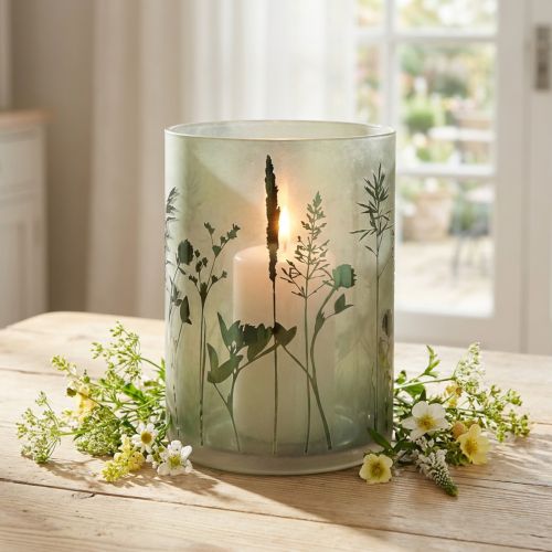 Artikel Windlicht Glas Weiß Grün H24cm mit Wiesenmotiv