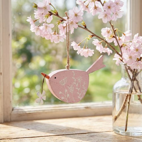 Dekoanhänger Vogel aus Holz mit Blütenmotiv Rosa 15×8,5cm | Floristik24.at