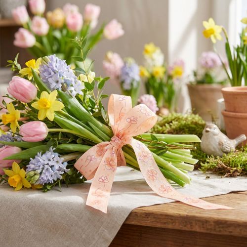 Artikel Blumenband Polyester Geschenkband 15mm x 20m Apricot mit Blumenmotiv