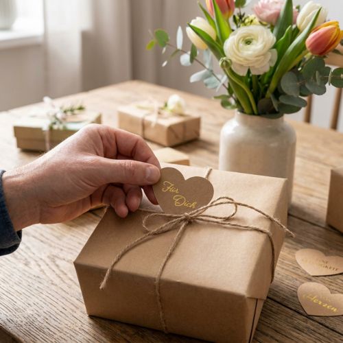 Artikel Kraftpapier Herz-Dekoklammern mit Sprüchen, 7 cm, Naturfarben, 48 Stück