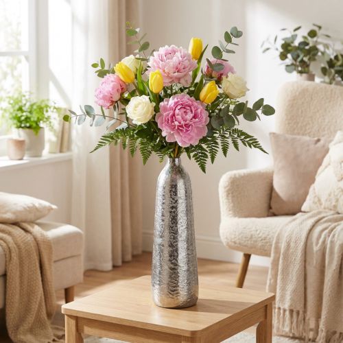 Deko Vase aus gehämmertem Metall Ø9,5cm H32cm Silber | Floristik24.at