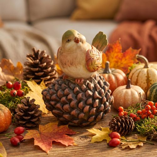 Vogelfigur aus Polyresin auf Dekozapfen 19cm in Herbstfarben | Floristik24.at