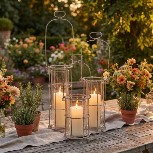 Laternen-Set aus Metall und Glas, Ø 8,5 cm, H 23/18,5/14,5 cm, 3-teilig, braun-grau | Floristik24.at