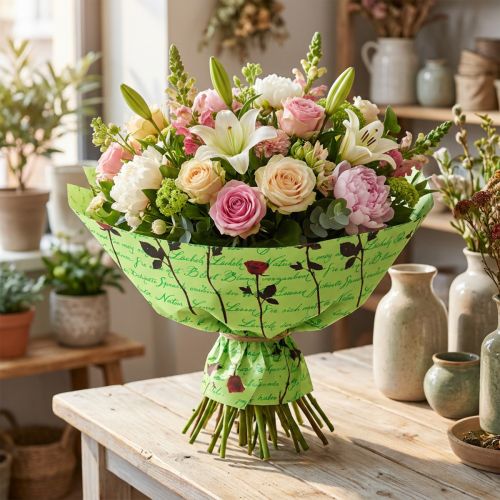 Manschettenpapier aus Papier Grün mit Rosenmotiv 25cm x 100m | Floristik24.at